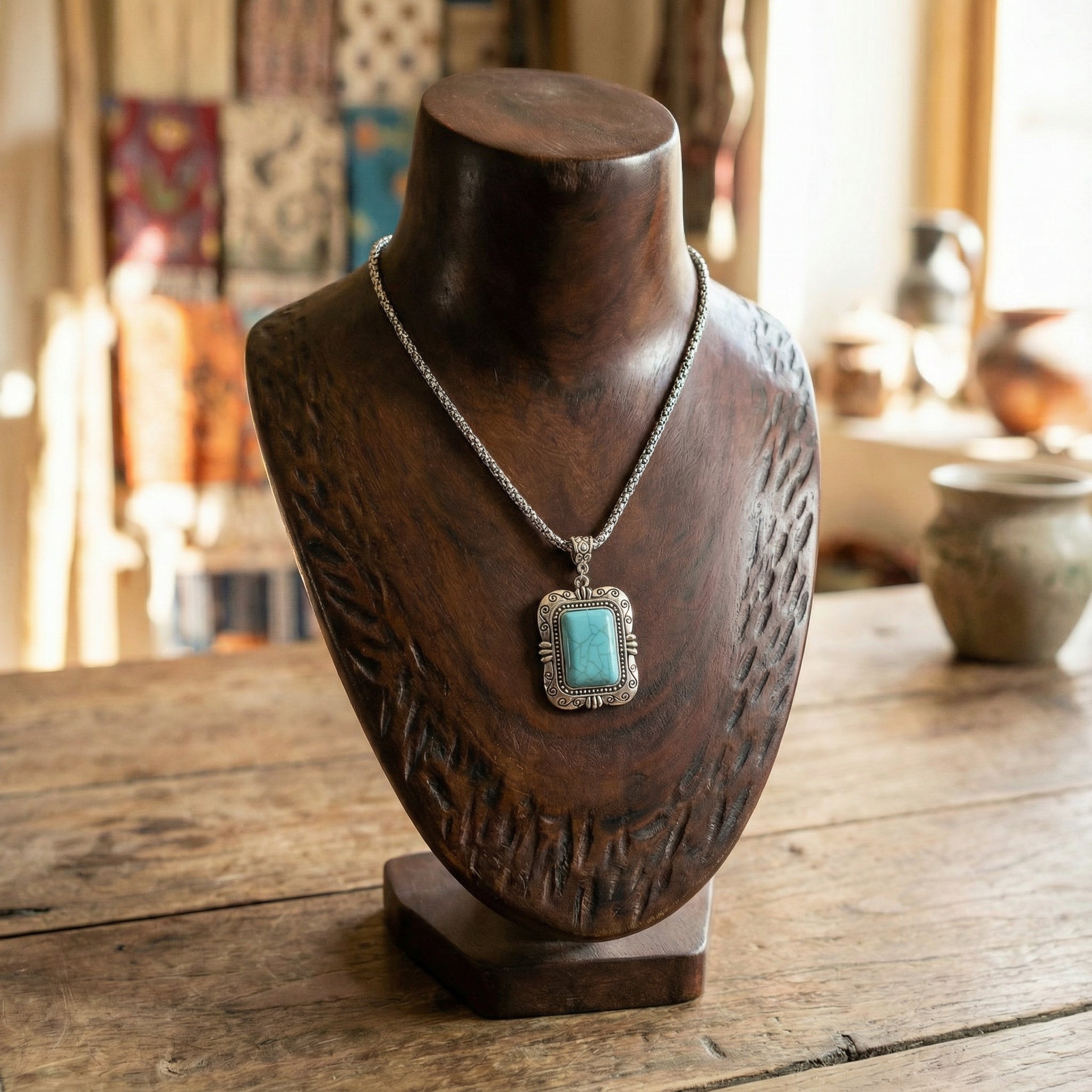 Tibetan Plateau Turquoise Rectangular Pendant Necklace