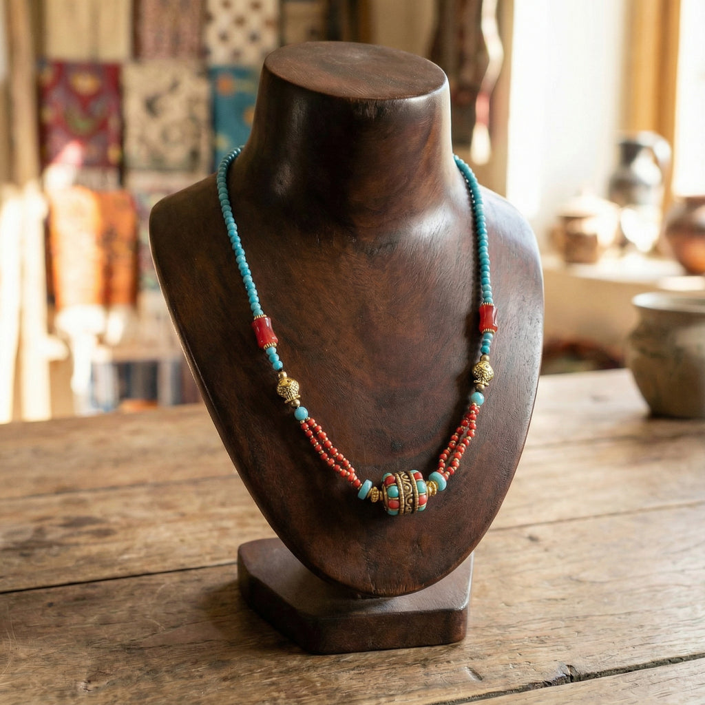 Himalayan Turquoise & Coral Layered Statement Necklace