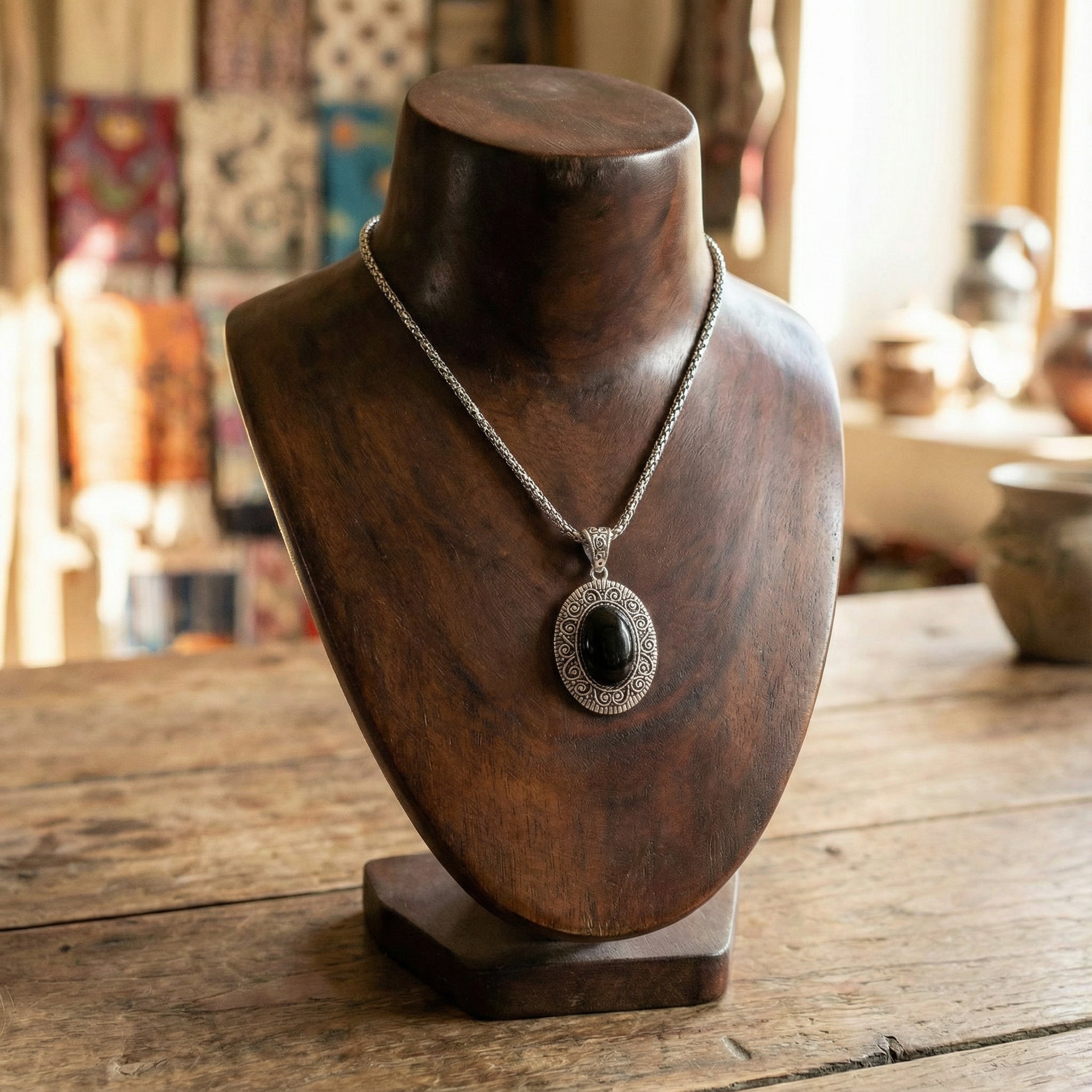 Tibetan Obsidian Filigree Pendant Necklace