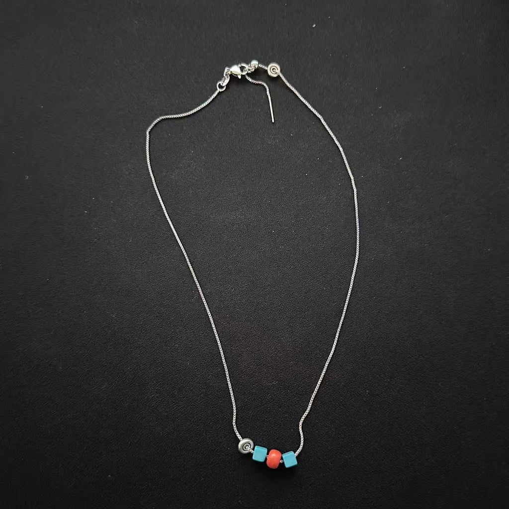 Himalayan Turquoise & Coral Cube Dainty Necklace