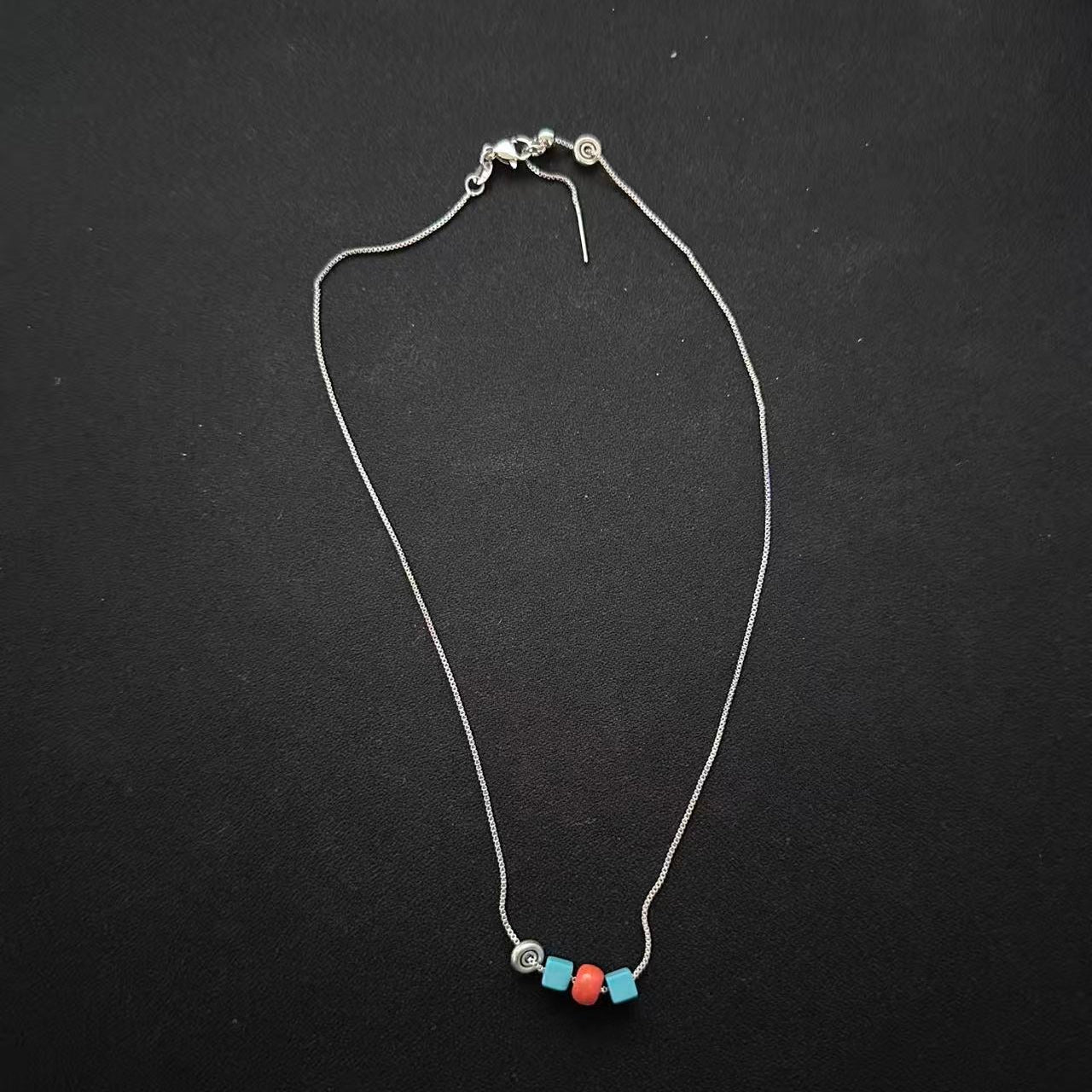 Himalayan Turquoise & Coral Cube Dainty Necklace