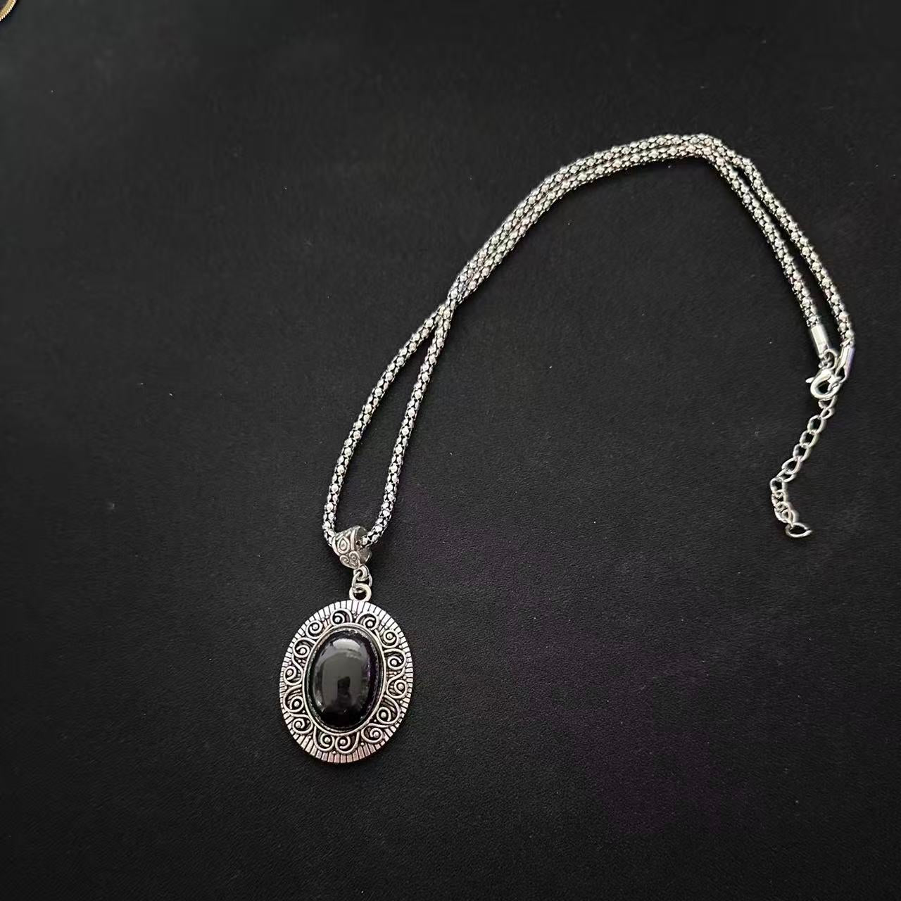 Tibetan Obsidian Filigree Pendant Necklace